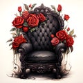 AI generated illustration of an antique black leather sofa with red roses on a white background Royalty Free Stock Photo