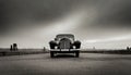 AI-generated illustration of an antique classic car in the middle of a misty road Royalty Free Stock Photo