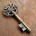 AI generated illustration of an antique metal key resting atop a rustic wooden table