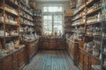 AI-generated illustration of an antique pharmacy filled with medicine jars and medical supplies