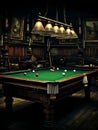 an old fashioned pool table and lamp in a library setting Royalty Free Stock Photo