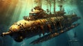 AI generated illustration of an antique rusty submarine in the ocean
