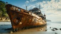 AI-generated illustration of an antique ship covered in rust beached on the sandy shore