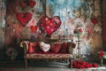 hearts are all over the old wall and the sofa is next to it Royalty Free Stock Photo