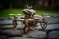 AI generated illustration of an antique steam-powered drone sits atop a rocky surface