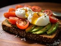 AI generated illustration of a breakfast of avocado, tomato and soft boiled eggs on bread