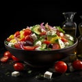 AI generated illustration of An appetizing greek salad in a black bowl on the dark background Royalty Free Stock Photo