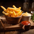 french fries with ketchup, sauce and pepper on a cutting board