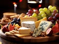 AI generated illustration of an appetizing plate of assorted cheese and crackers on a wooden tray