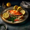 AI generated illustration of an appetizing plate of freshly cooked crab legs with fresh lemons