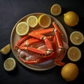 AI generated illustration of an appetizing plate of freshly cooked crab legs with fresh lemons