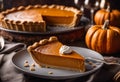 AI generated illustration of An appetizing slice of traditional pumpkin pie on a plate