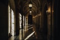 AI-generated illustration of an arched hallway in a Gothic church illuminated by lamps Royalty Free Stock Photo
