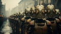 AI generated illustration of An army of robots marching through a deserted urban landscape.