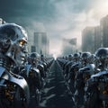 AI generated illustration of an army of robots standing in rows in a foggy city