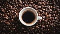 AI generated illustration of an aromatic cup of coffee atop a bed of freshly-roasted coffee beans Royalty Free Stock Photo