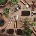 AI generated illustration of An arrangement of gardening tools, including pots and shovels Royalty Free Stock Photo