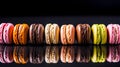 AI generated illustration of an array of brightly-colored macarons arranged on a reflective surface
