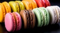 AI generated illustration of an array of brightly-colored macarons arranged on a table