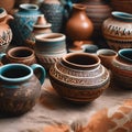 AI generated illustration of an array of clay vessels in varied sizes, shapes, and colors