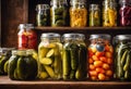 AI generated illustration of an array of colorful pickles displayed in glass jars on shelves