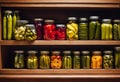 AI generated illustration of an array of colorful pickles displayed in glass jars on shelves