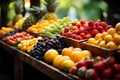 AI generated illustration of an array of fresh, colorful fruits on display at an outdoor market Royalty Free Stock Photo
