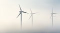 AI generated illustration of an array of large modern wind turbines set against a foggy background
