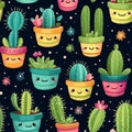 AI generated illustration of an array of multicolored ceramic pots containing cacti plants