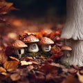 AI generated illustration of an array of mushroom gnome houses in a forest
