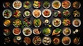 AI generated illustration of an array of plates filled with a variety of delicious food items