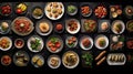 AI generated illustration of an array of plates filled with a variety of delicious food items