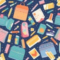 AI generated illustration of an array of school supplies arranged in a pattern on