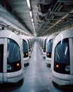 AI generated illustration of an array of small white cars parked in neat rows in a railway yard Royalty Free Stock Photo