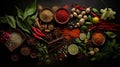 AI generated illustration of an array of spices, herbs on the table Royalty Free Stock Photo