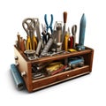 AI generated illustration of an array of tools arranged neatly in a wooden holder on a white surface Royalty Free Stock Photo