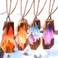 AI generated illustration of an array of vibrant gemstone necklaces with wooden details Royalty Free Stock Photo