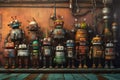 AI generated illustration of an array of vintage old metal robots near a wall