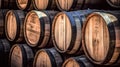 AI generated illustration of an array of wooden wine barrels stacked in an organized manner Royalty Free Stock Photo