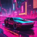 AI generated illustration of an art print of an automobile driving through a vibrant neon city