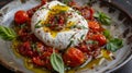 AI generated illustration of Artisanal burrata with San Marzano tomatoes is served on a plate