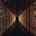 AI generated illustration of artistic corridor with illuminated brick wall and long black floor Royalty Free Stock Photo