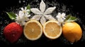 four citrus fruit and some white flowers in water with bubbles Royalty Free Stock Photo