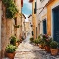 a painting of a narrow street in the village of stradn