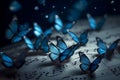 AI generated illustration of an artistic print of a music sheet with blue butterflies in flight