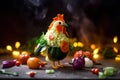 AI generated illustration of an artistic representation of a chicken made from various vegetables