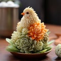 AI generated illustration of an artistic sculpture of a chicken crafted from various colorful fruits