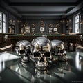 AI generated illustration of artistic silver human skulls against a billiard table