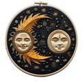 two embroidered sun and moon faces are hanging on the wall