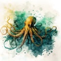 AI generated illustration of an artistic watercolor painting of an octopus surrounded by bubbles